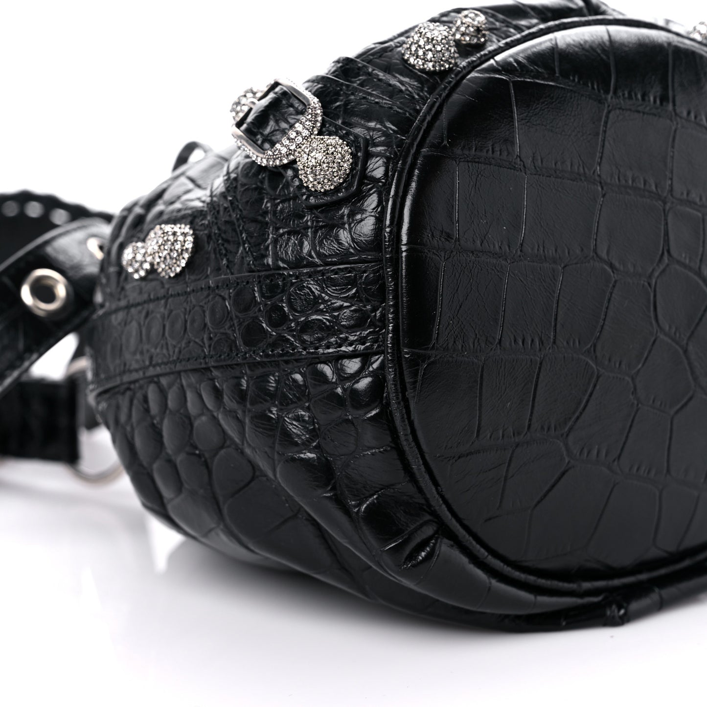 Extra Supple Calfskin Crystal Crocodile Embossed Le Cagole Bucket Bag XS Black