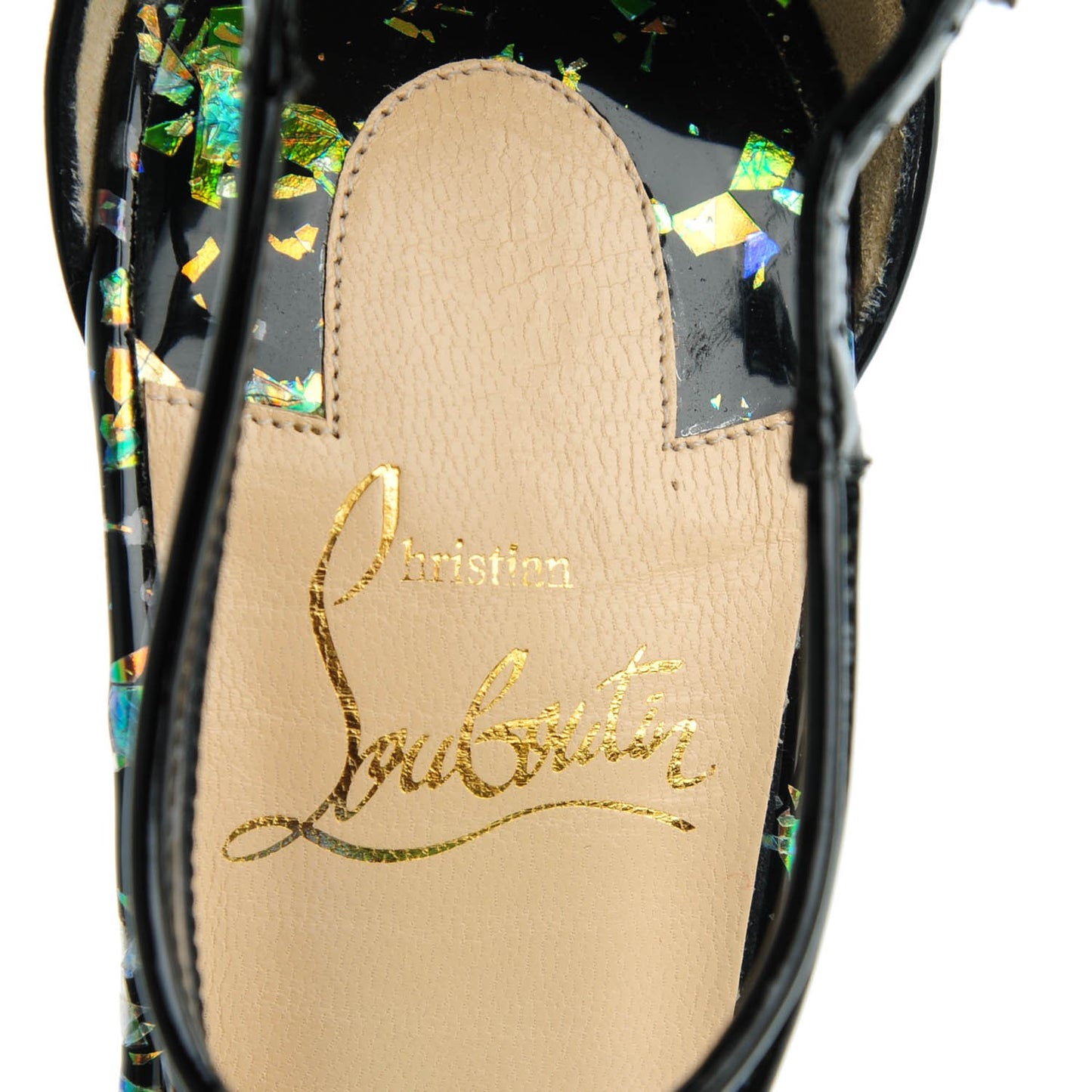 Disco Hologram PVC Patent Tiny 100 T-Strap Pumps 36 Black Multicolor