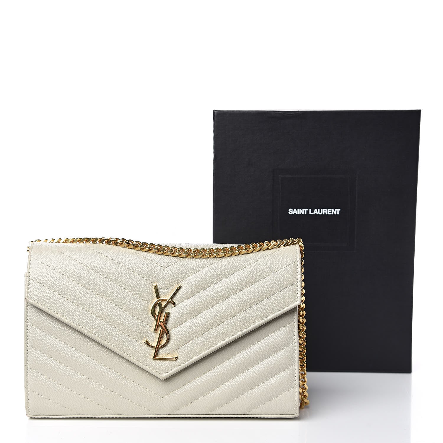 Saint Laurent Grain De Poudre Matelasse Chevron Monogram Chain Wallet Crema Soft 11 of 11