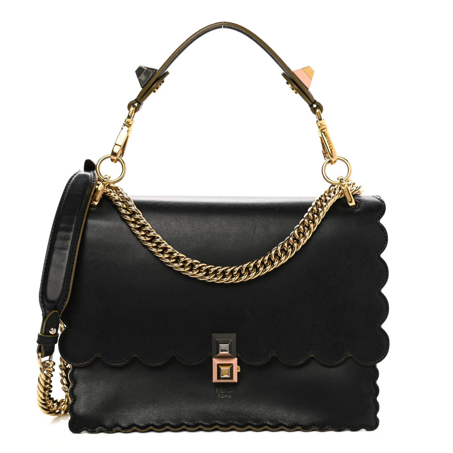 Vitello Liberty Scalloped Studded Kan I Shoulder Bag Black