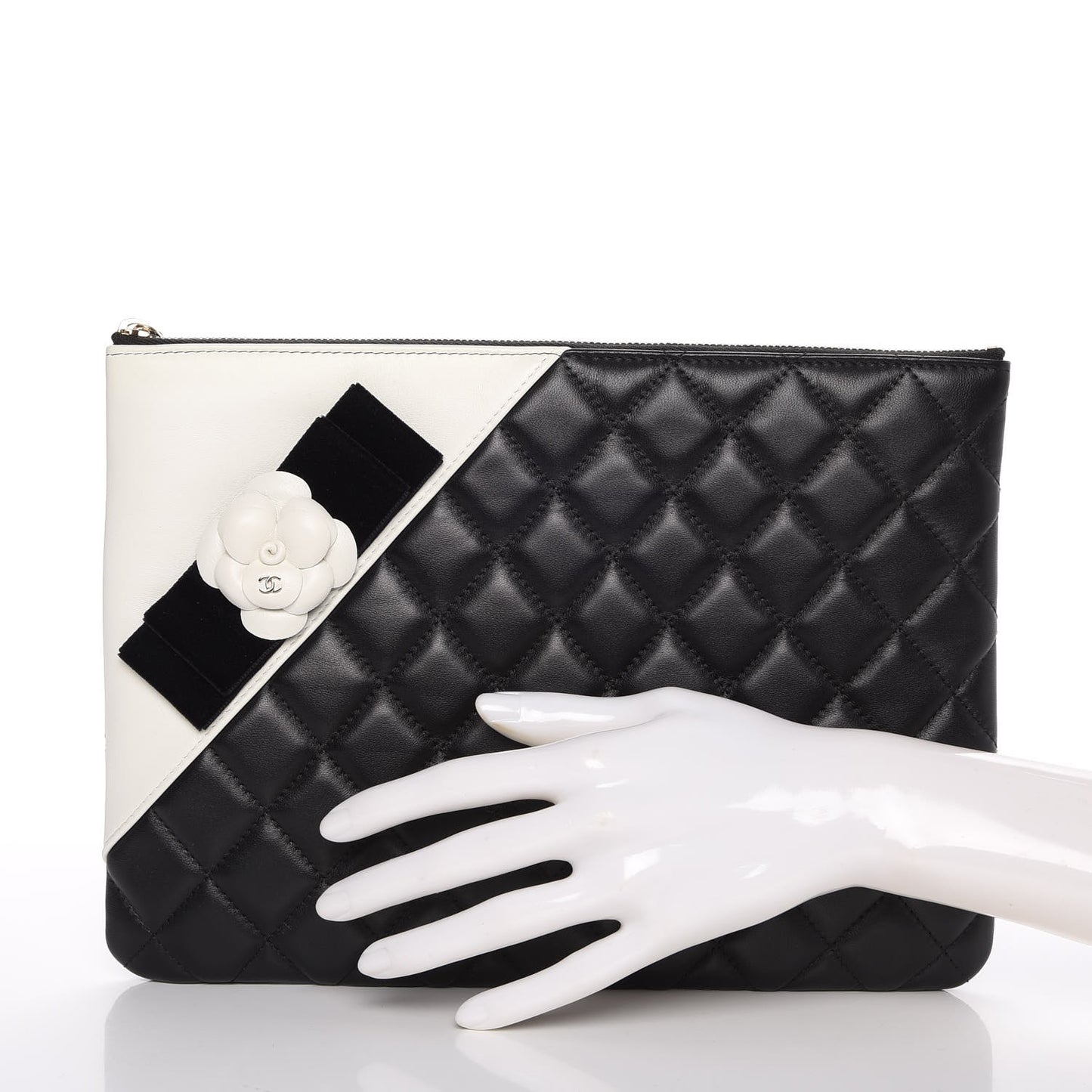 Lambskin Quilted Medium Camellia Cosmetic Case Black White