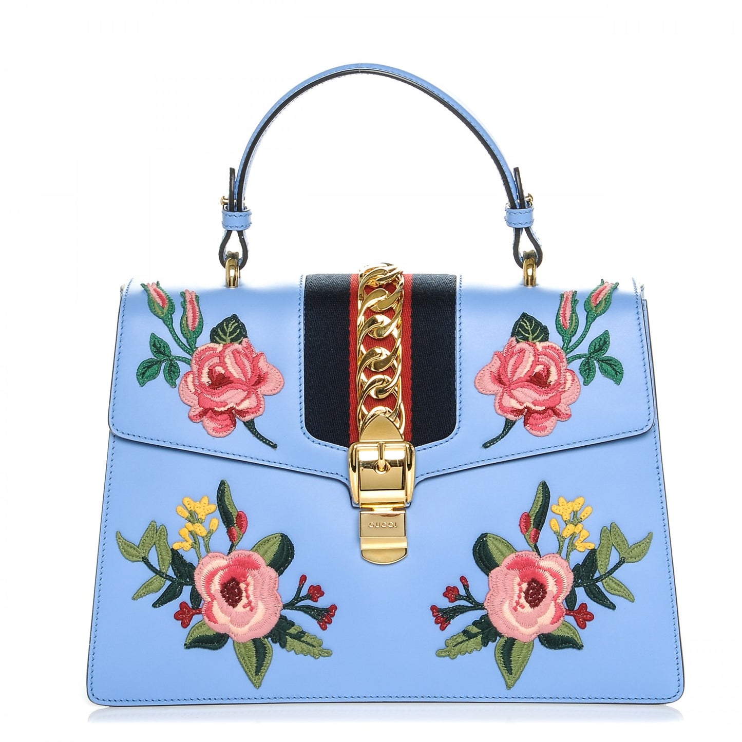 Calfskin Embroidered Medium Sylvie Top Handle Bag Clear Sky Blue