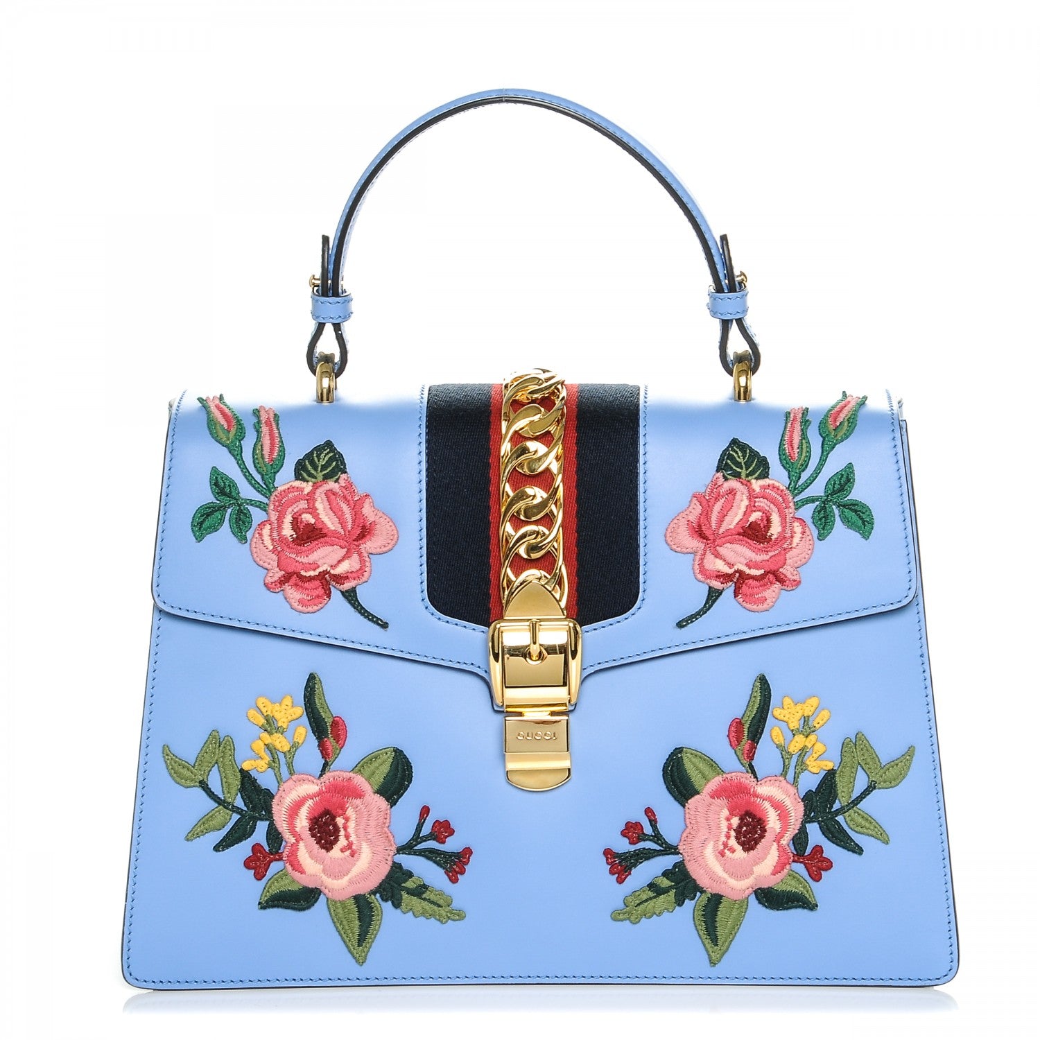 Gucci Calfskin Embroidered Medium Sylvie Top Handle Bag Clear Sky Blue 1 of 7