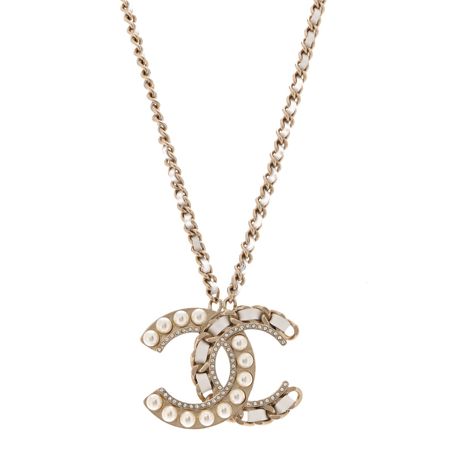 Pearl Crystal Lambskin Chain CC Necklace White Gold