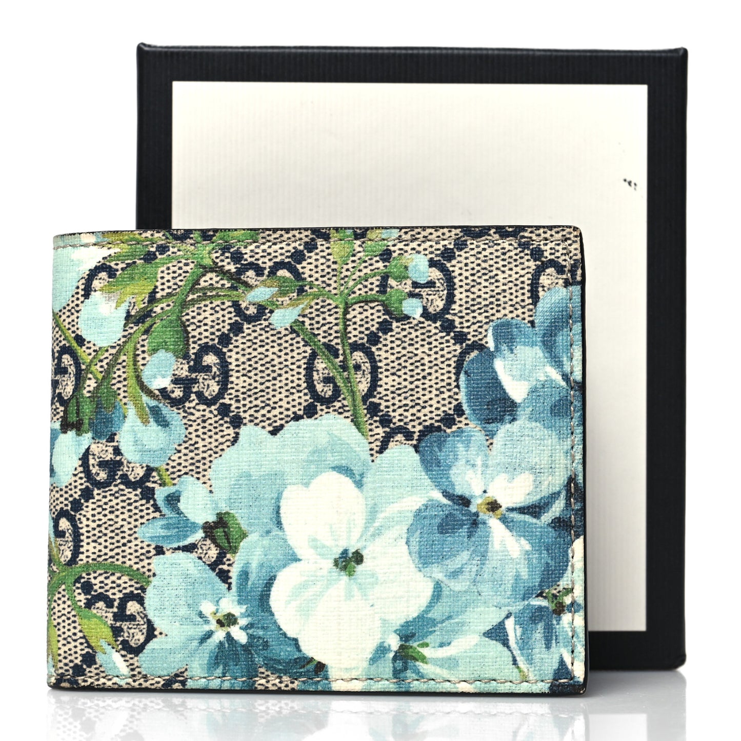 GG Supreme Monogram Blooms Bi-Fold Wallet Beige Blue Navy
