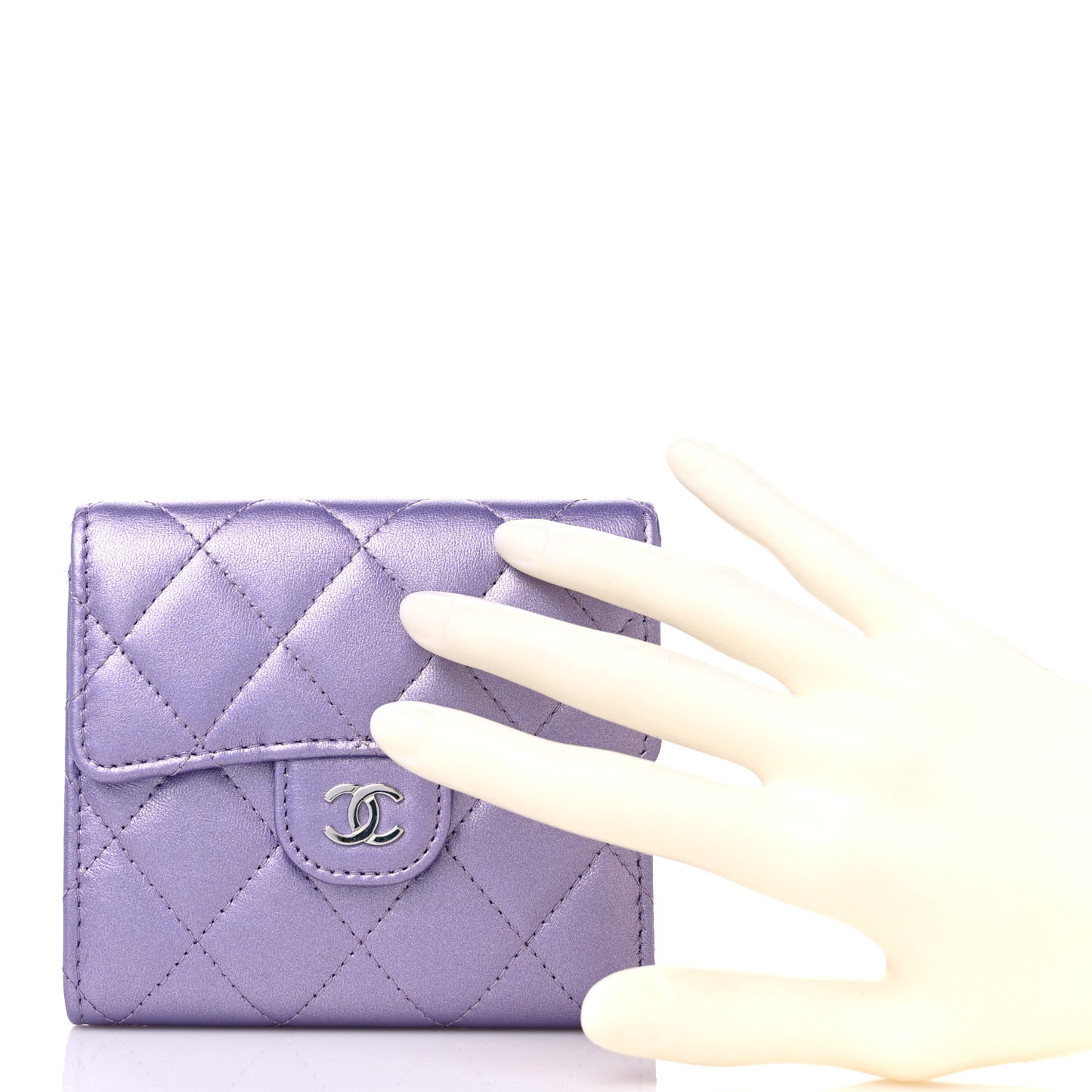 Iridescent Lambskin Quilted Compact Flap Wallet Purple