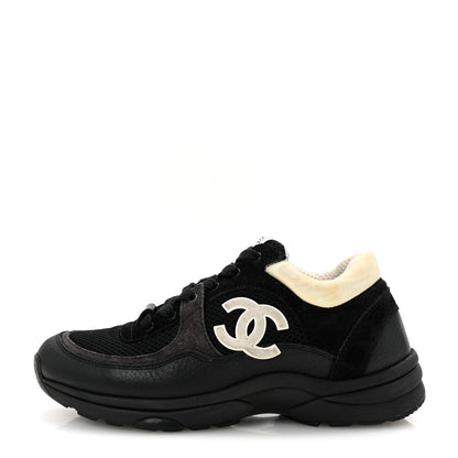 Chanel Mesh Suede Grained Calfskin Womens CC Sneakers 36.5 Black White 1 of 10