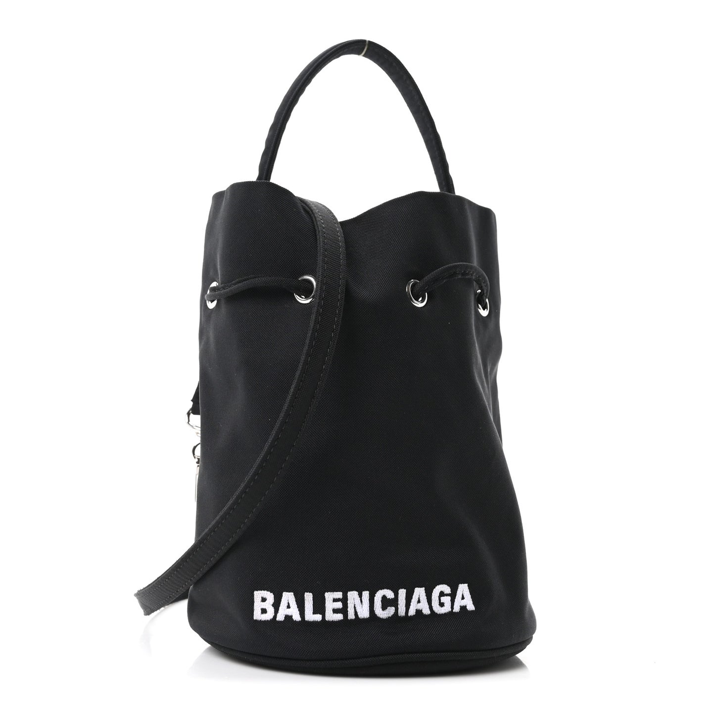 Recycled Sport Nylon Logo Embroidered Wheel Drawstring Bucket Bag Black White