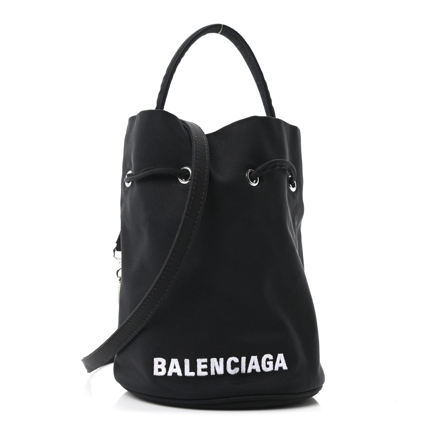 Balenciaga Recycled Sport Nylon Logo Embroidered Wheel Drawstring Bucket Bag Black White 1 of 10