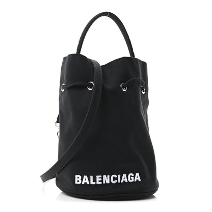 Balenciaga Recycled Sport Nylon Logo Embroidered Wheel Drawstring Bucket Bag Black White 1 of 10