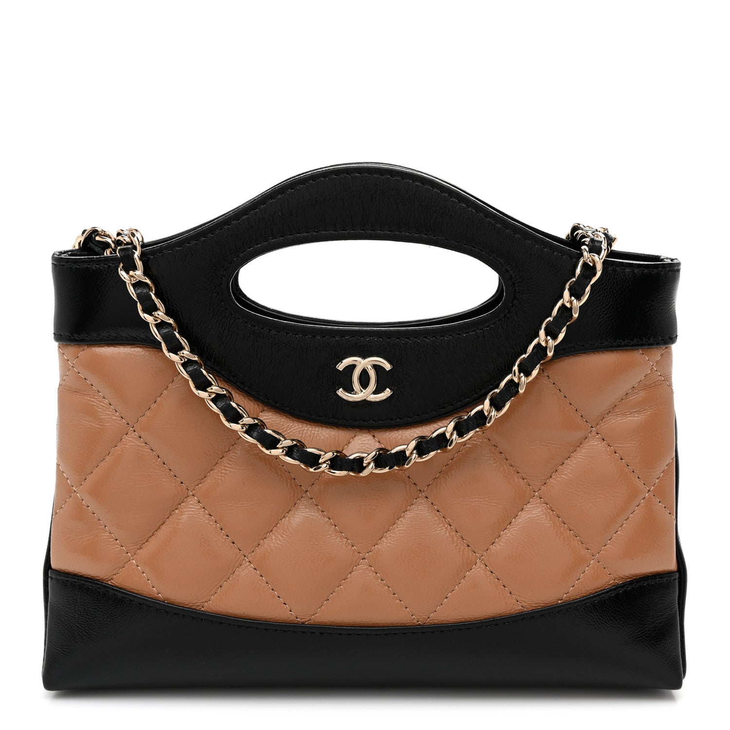 Chanel Shiny Crumpled Calfskin Quilted Nano 31 Shopping Bag Dark Beige Black Dark Beige Black 1 of 10