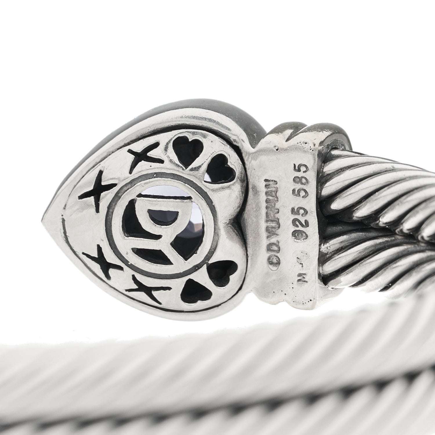 David Yurman Sterling Silver 14K Yellow Gold Iolite Heart Double Cable Cuff Bracelet 3 of 4