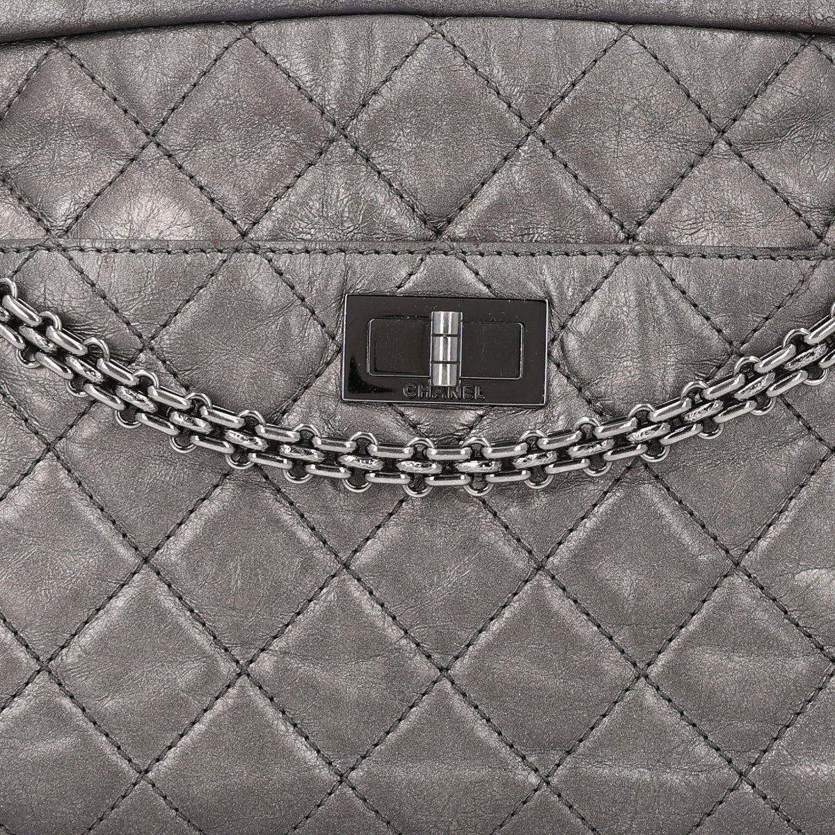 Metallic Aged Calfskin Quilted Medium Reissue Camera Case Dark Silver