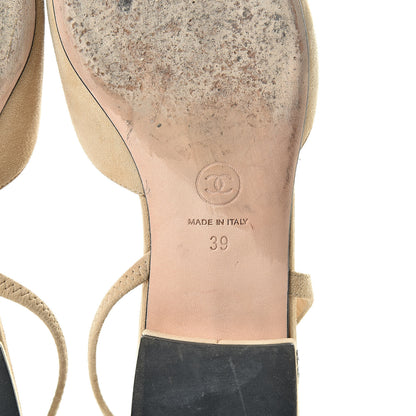 Chanel Kid Suede Satin Cap Toe CC Slingback Pumps 39 Beige Black 8 of 11