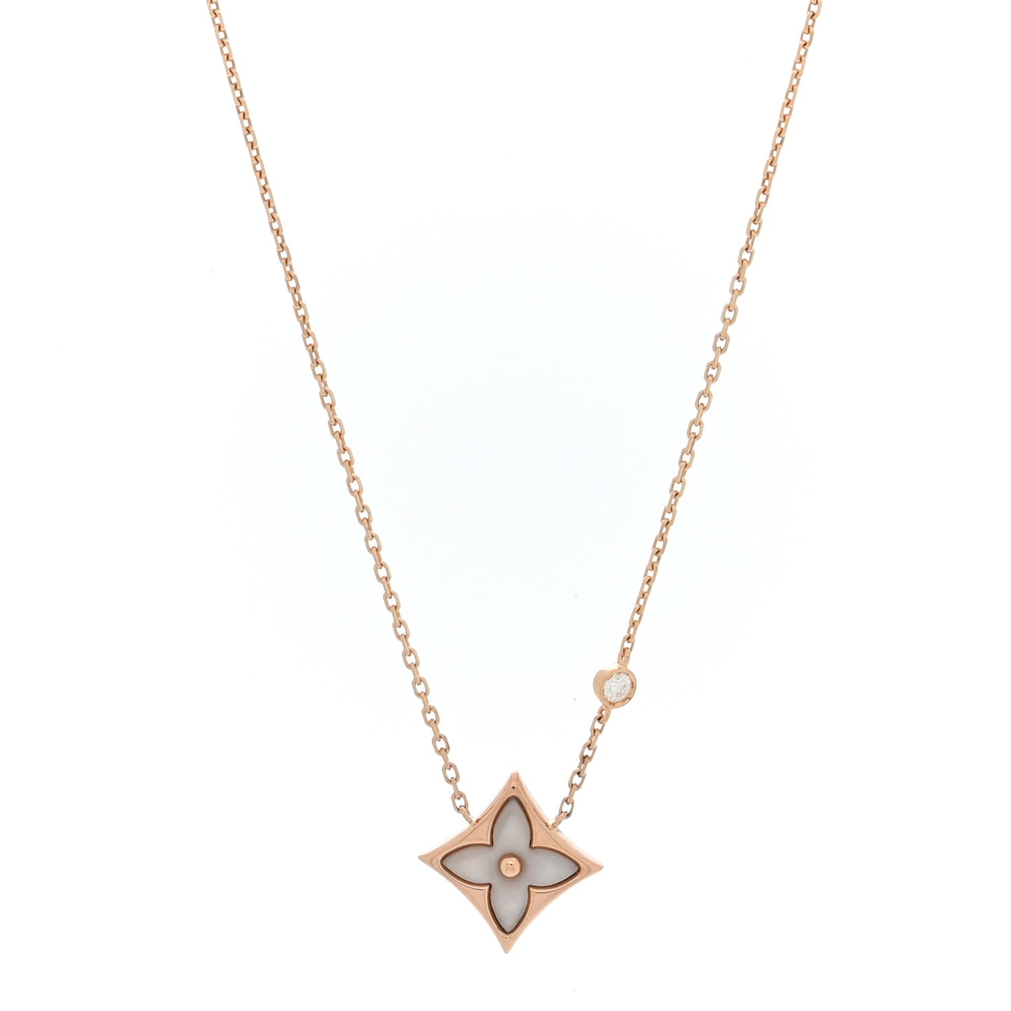 18K Pink Gold Diamond Mother of Pearl Color Blossom BB Star Pendant Necklace