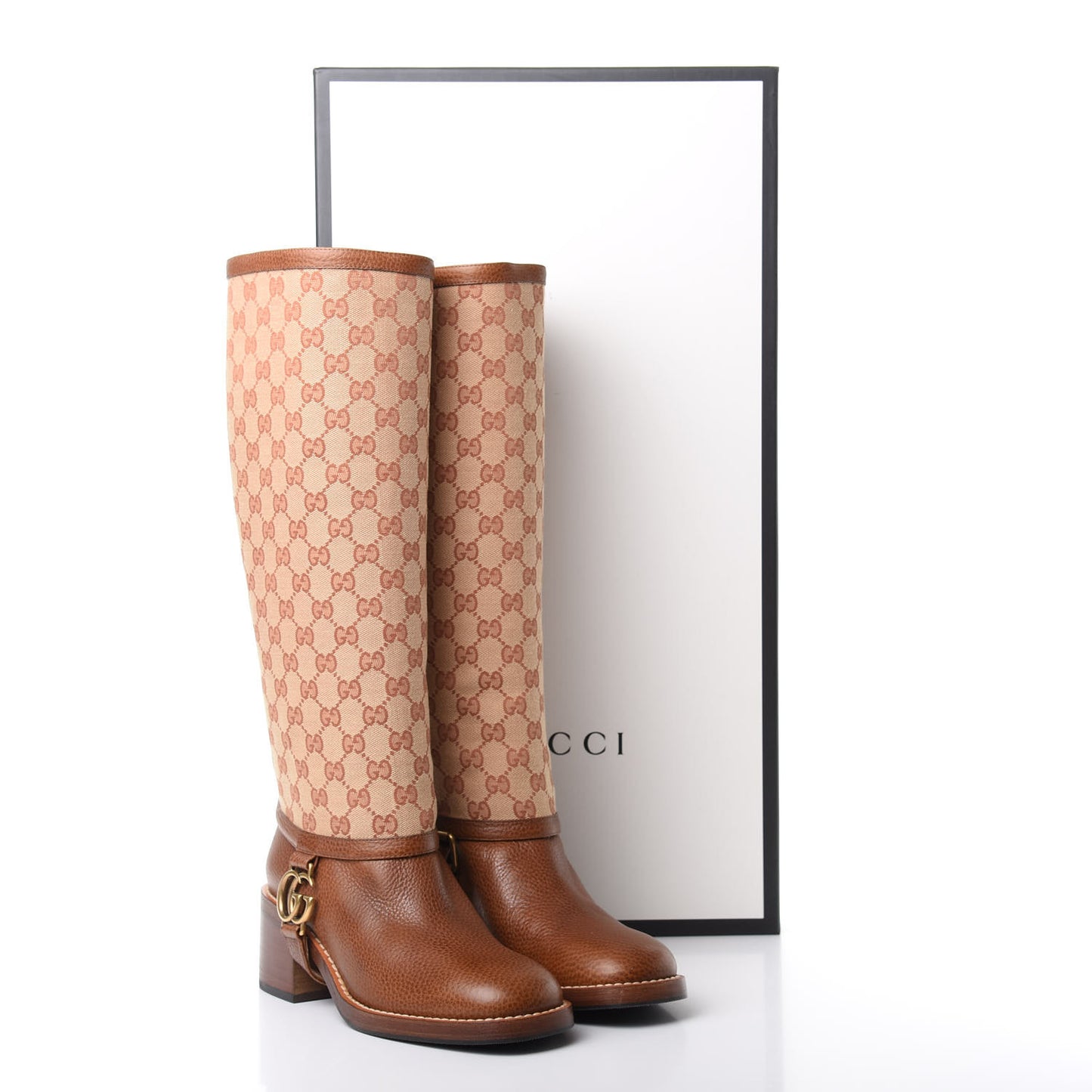 GG Monogram Calfskin Lola Tall Boots 38 Beige Ruggine Cuir