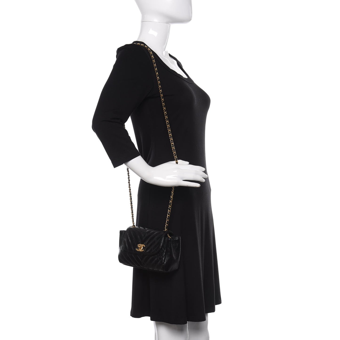 Glazed Calfskin Chevron Quilted Small Hampton Flap Black