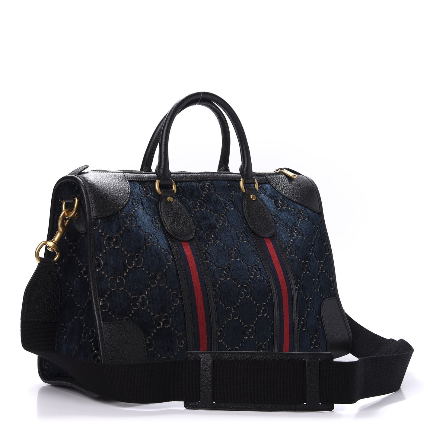 Velvet GG Monogram Textured Calfskin Web Medium Duffle Bag Blue Beige Black