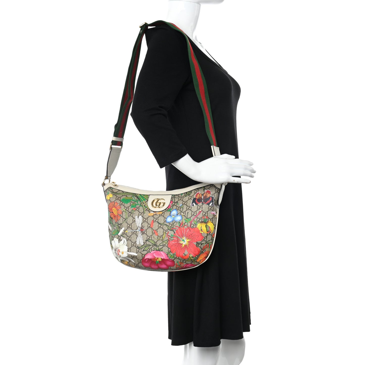 GG Supreme Monogram Flora Web Small Ophidia Half Moon Hobo White