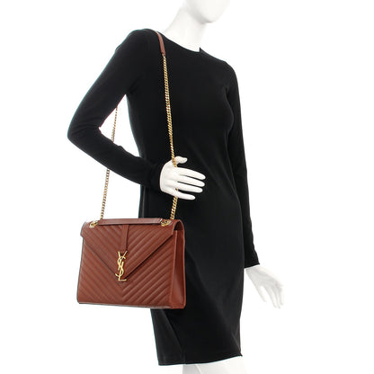 Saint Laurent Smooth Calfskin Matelasse Chevron Large Monogram Satchel Brown 2 of 12