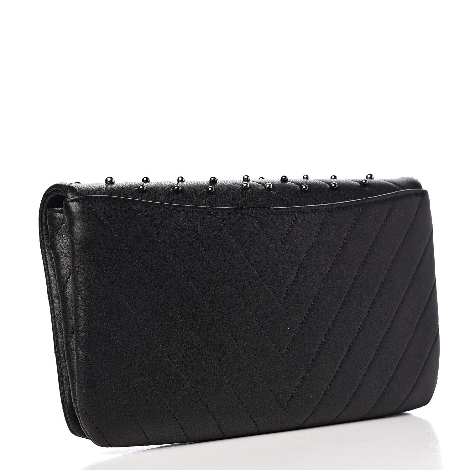 Chanel Lambskin Chevron Quilted Studded Stud Wars Flap Clutch Black 3 of 12
