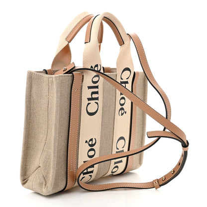 Chloe Linen Calfskin Small Woody Ribbon Tote With Strap White Light Brown 3 of 10