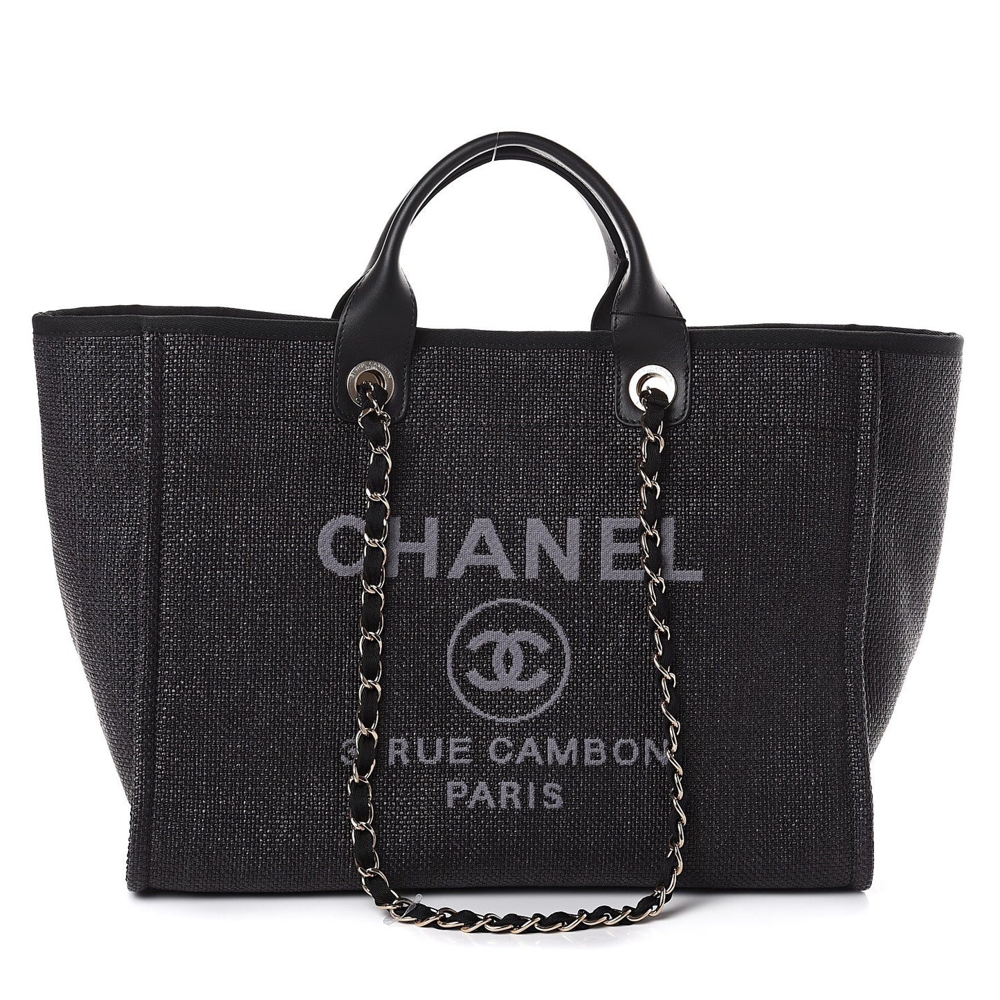 Woven Straw Raffia Medium Deauville Tote Black