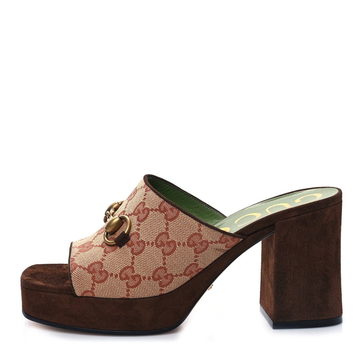 GG Monogram Kid Scamosciato Houdan Mid Heel Platform Slide Sandals 37.5 Beige Ruggine Maroon