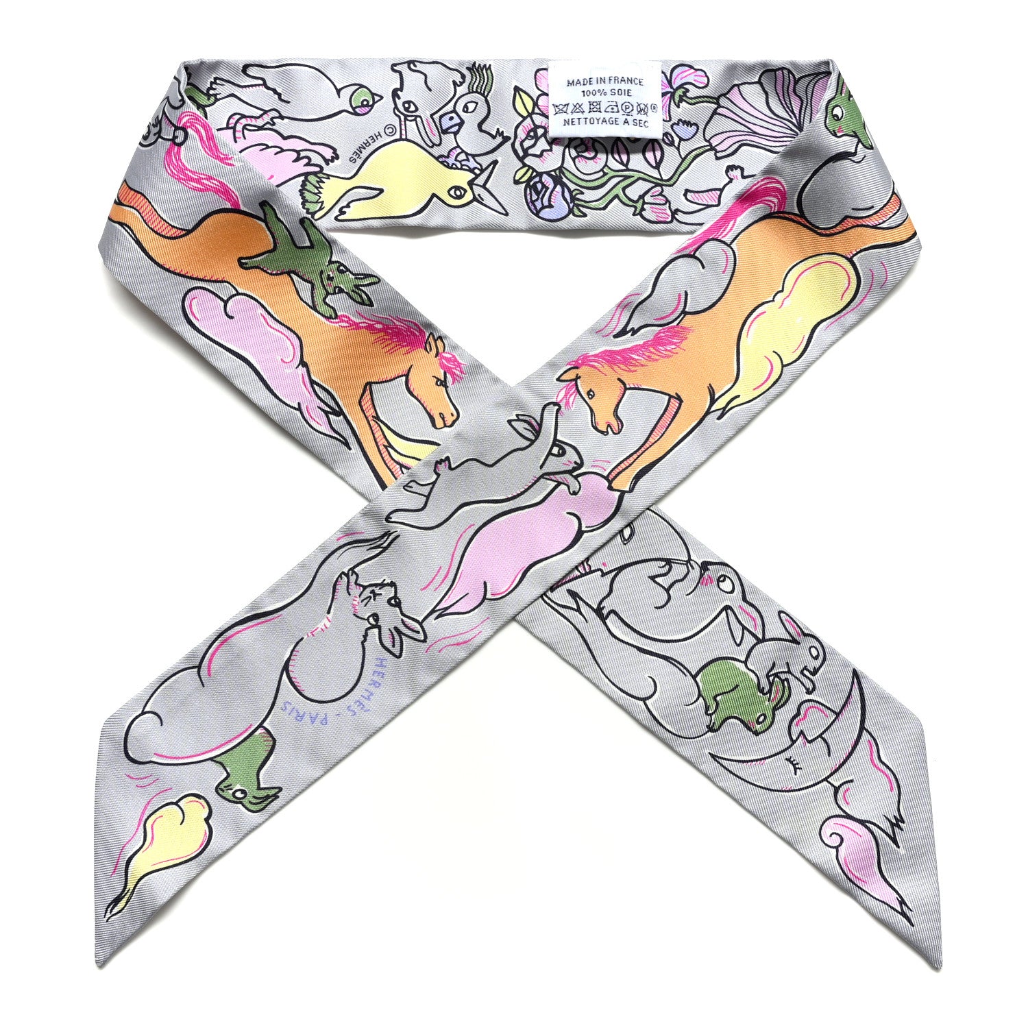 Hermes Silk Mille Et Un Lapins Twilly Gris Perle Rose Jaune 1 of 4