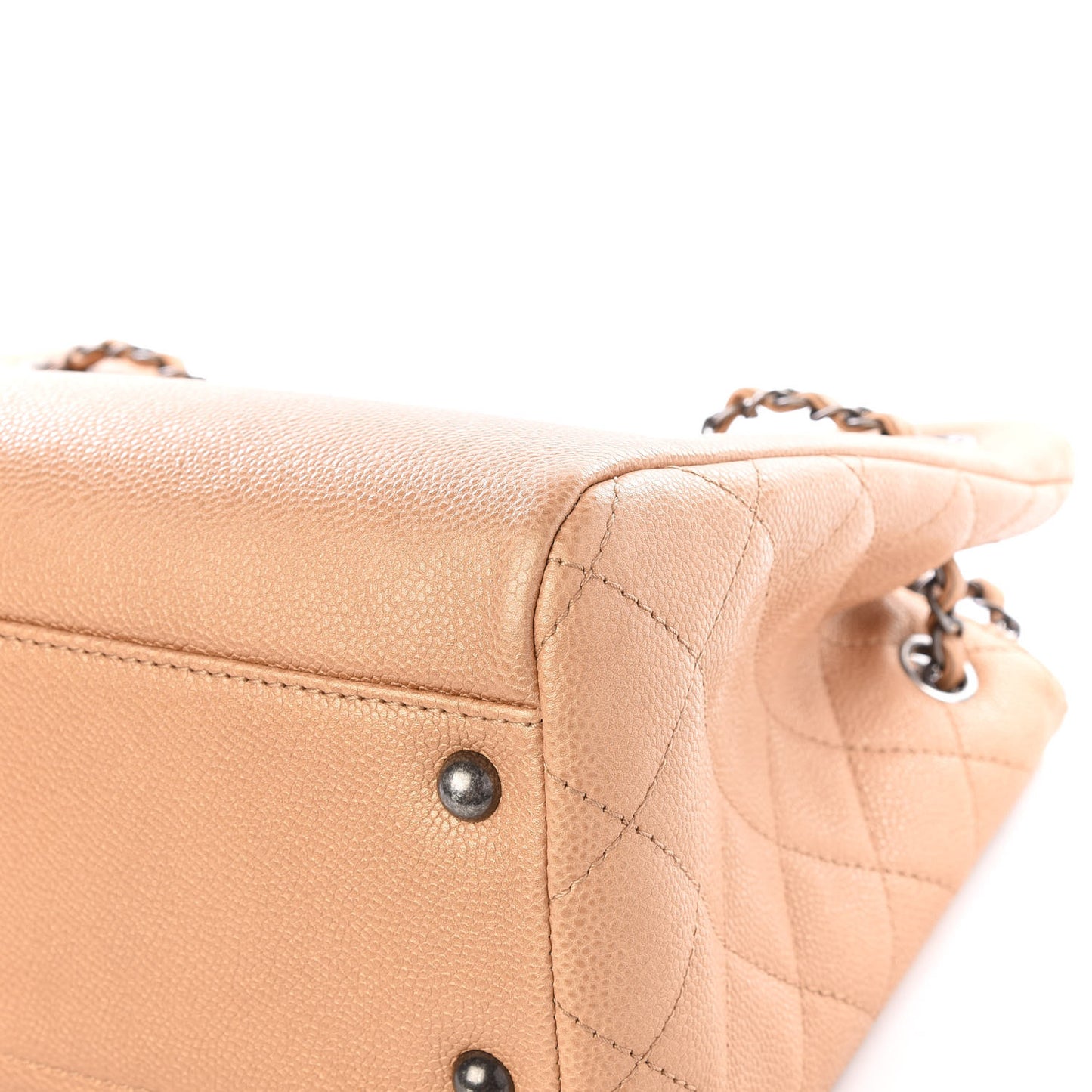 Metallic Grained Calfskin Woven Chain Medium Shopping Tote Beige