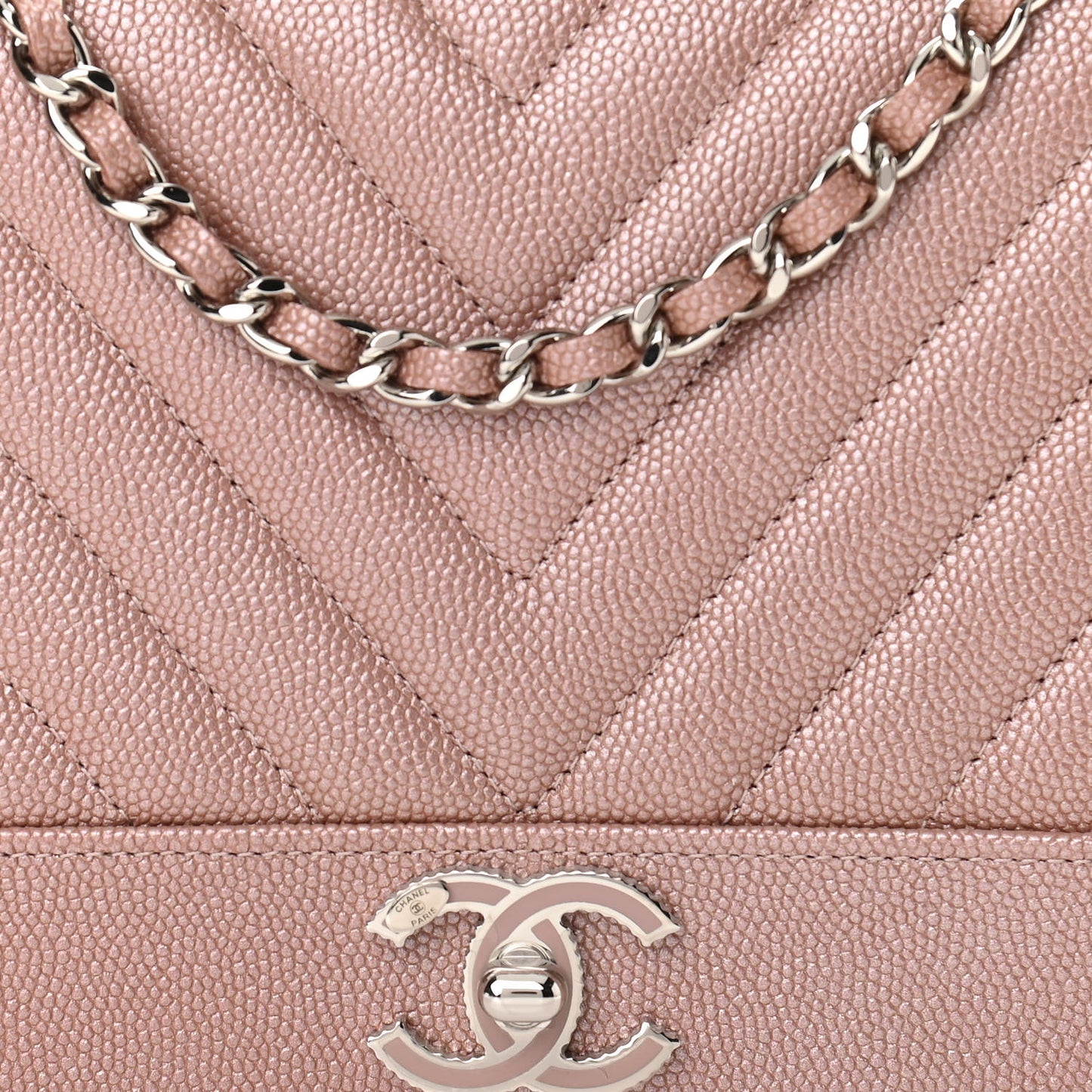 Metallic Caviar Chevron Quilted Vintage Mademoiselle Wallet On Chain WOC Pink