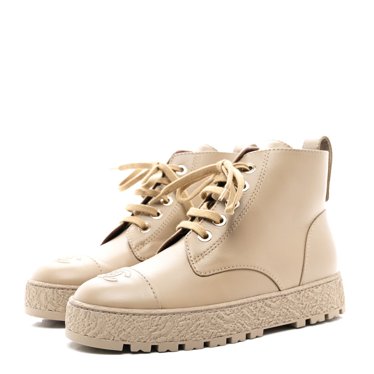 Chanel Calfskin CC Turnlock Lace Up Boots 39 Beige 3 of 8