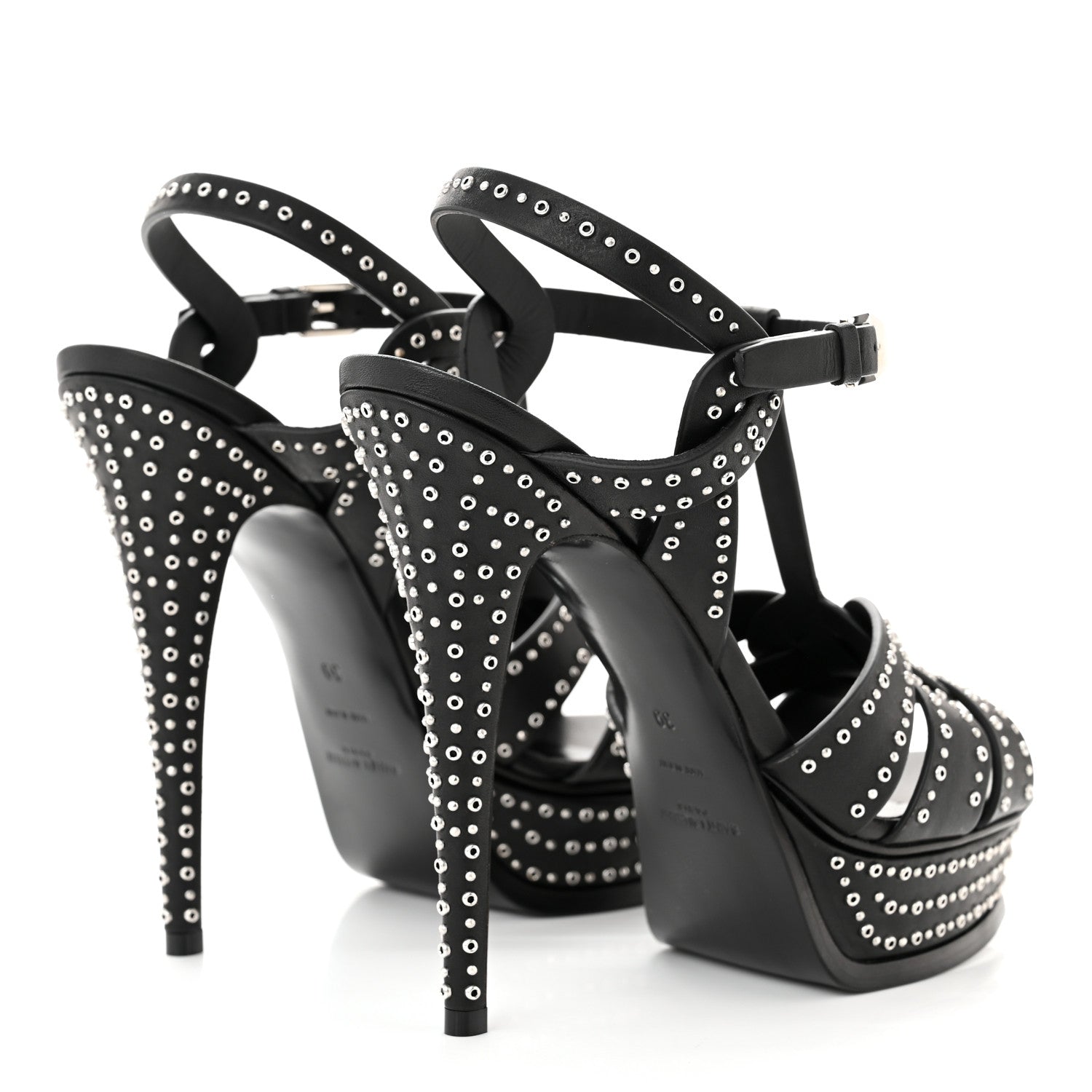 Saint Laurent Calfskin Eyelet Studded Tribute 105 Platform Sandals 39 Black 4 of 9