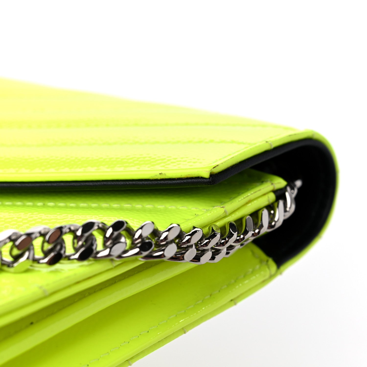 Saint Laurent Patent Grain De Poudre Matelasse Chevron Monogram Chain Wallet Neon Yellow 13 of 15