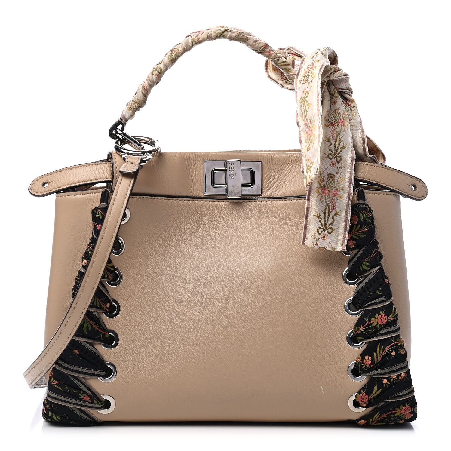 Fendi Nappa Ribbon Lace Up Mini Peekaboo Iconic Satchel Beige 1 of 4