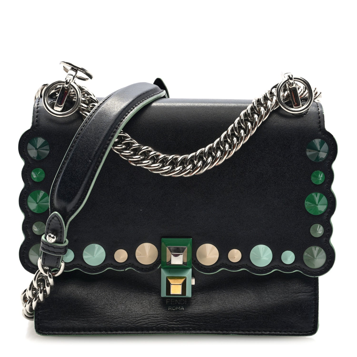 Fendi Vitello Liberty Scalloped Studded Small Kan I Shoulder Bag Black Multicolor 1 of 9