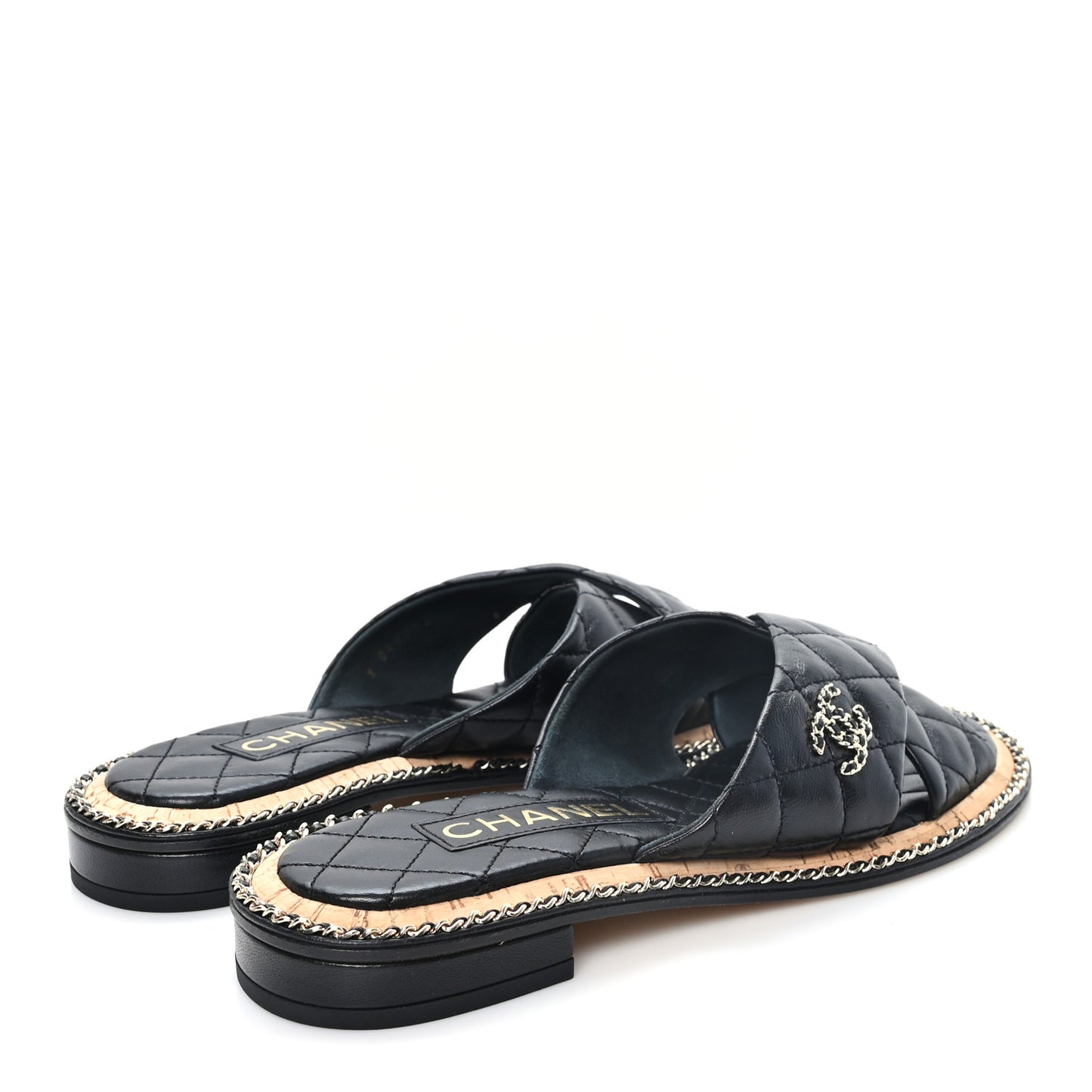 Shiny Lambskin Quilted Chain CC Sandals 38 Black