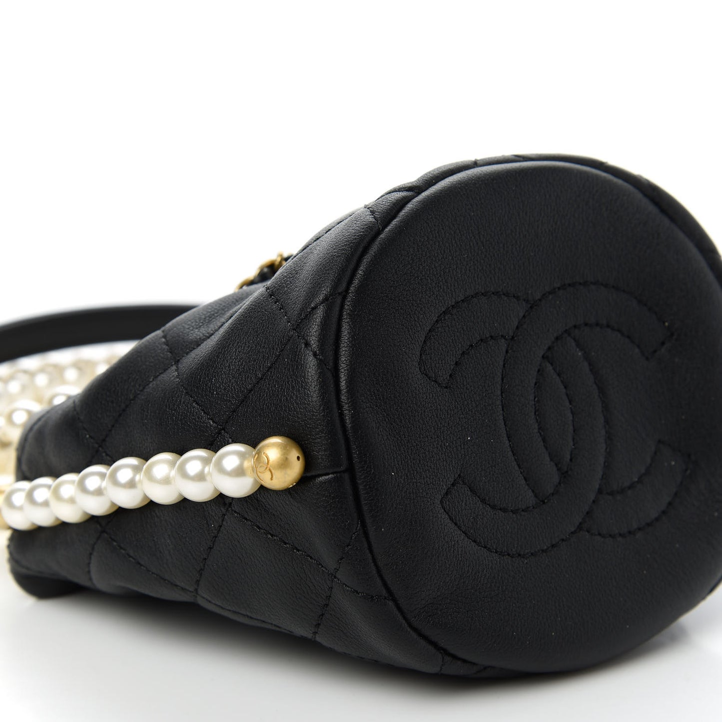Calfskin Quilted Pearl Mini About Pearls Drawstring Bucket Bag Black
