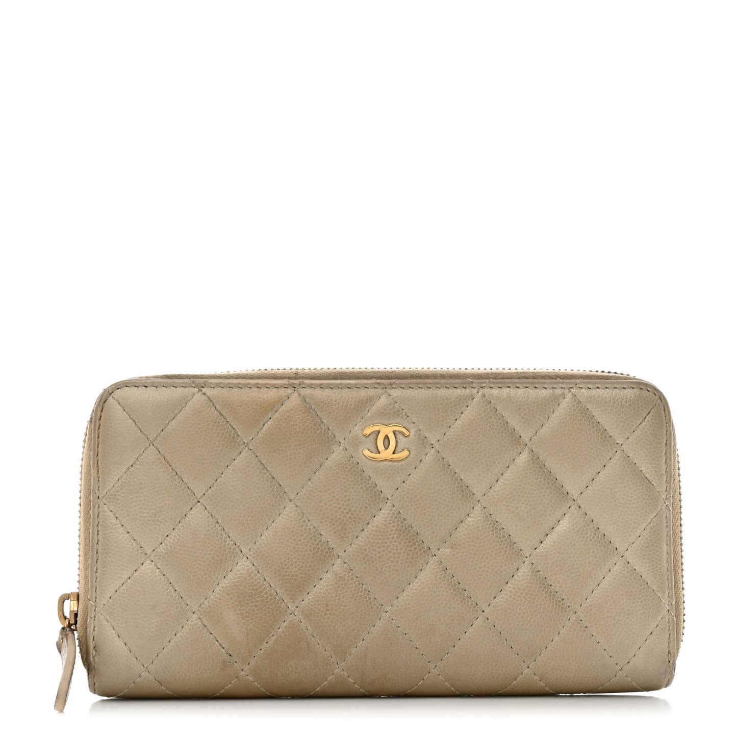 Iridescent Caviar Quilted Large Gusset Zip Around Wallet Beige