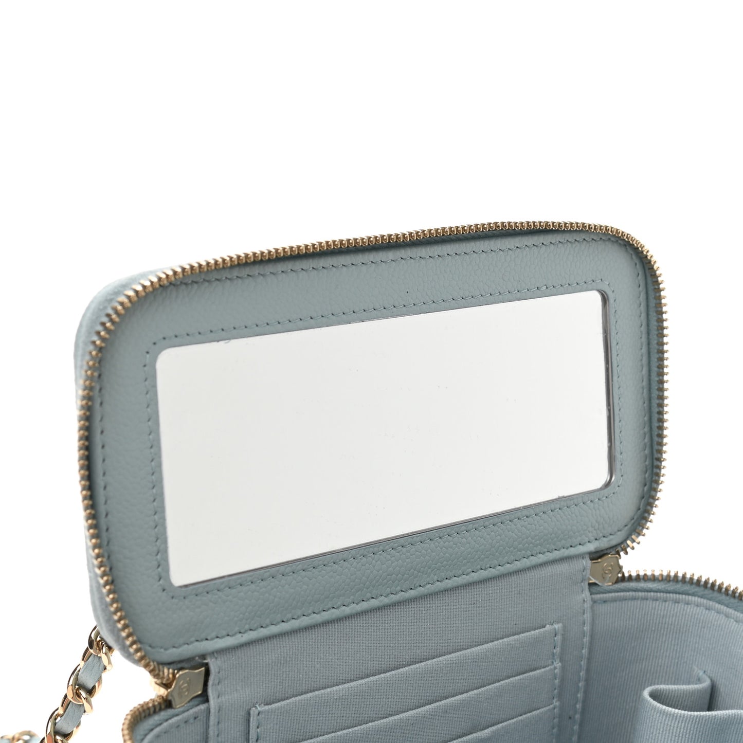 Caviar Quilted Small Tiny CC Vanity Case With Chain Light Blue