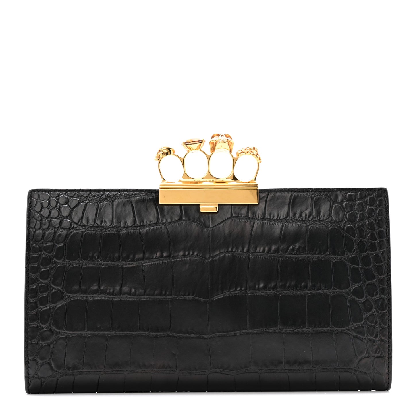 Calfskin Crocodile Embossed Knuckle Flat Clutch Black Gold