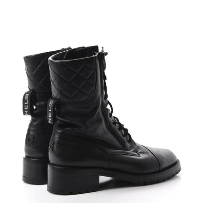 Chanel Calfskin Quilted Lace Up Combat Boots 40 Black 4 of 9