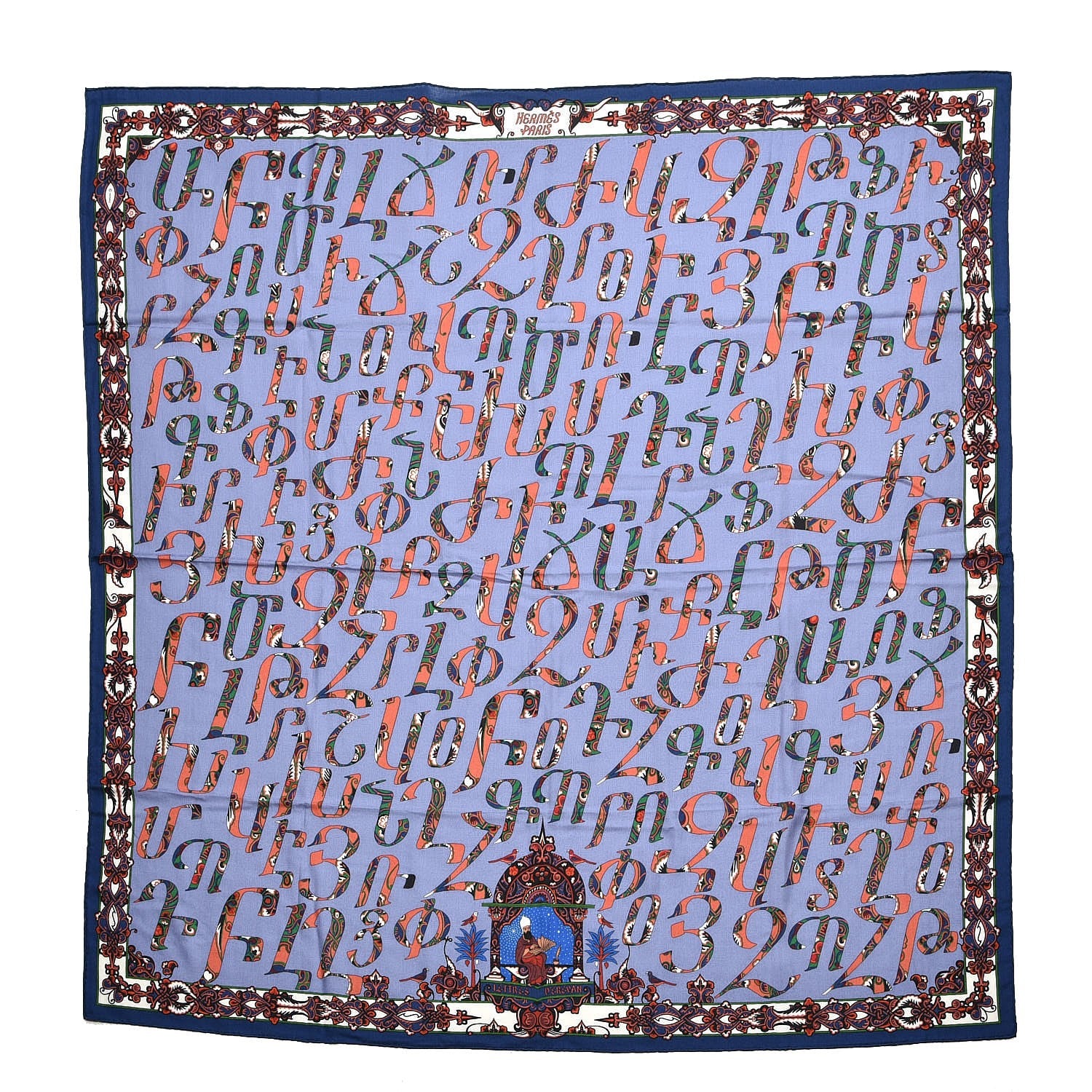 Hermes Cashmere Silk Lettres D'Erevan Shawl 140 Bleu Corail Vert 1 of 6