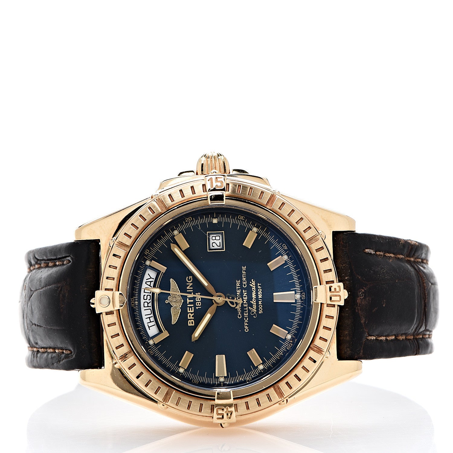 Breitling 18K Yellow Gold Alligator 44mm Windrider Headwind Automatic Watch Blue K45355 2 of 17