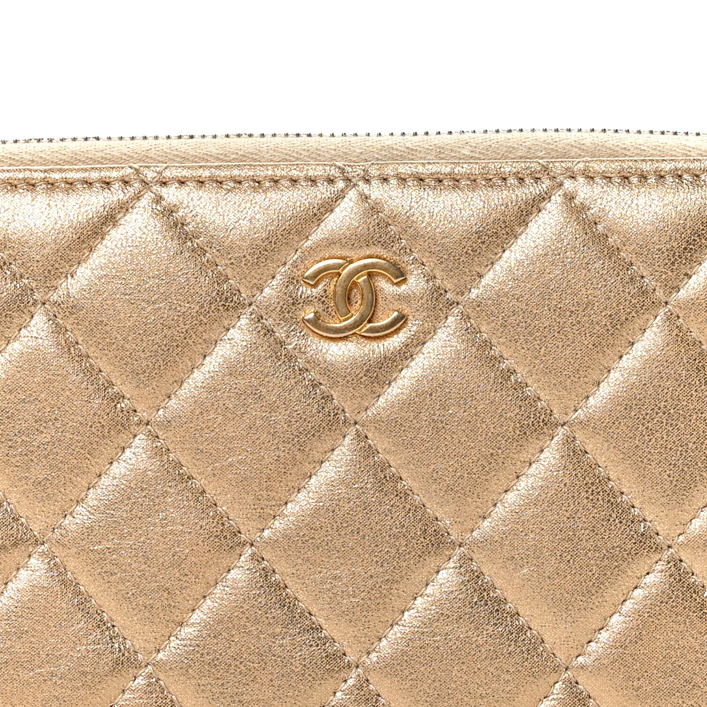 Metallic Lambskin Quilted Large Gusset Zip Around Wallet Gold