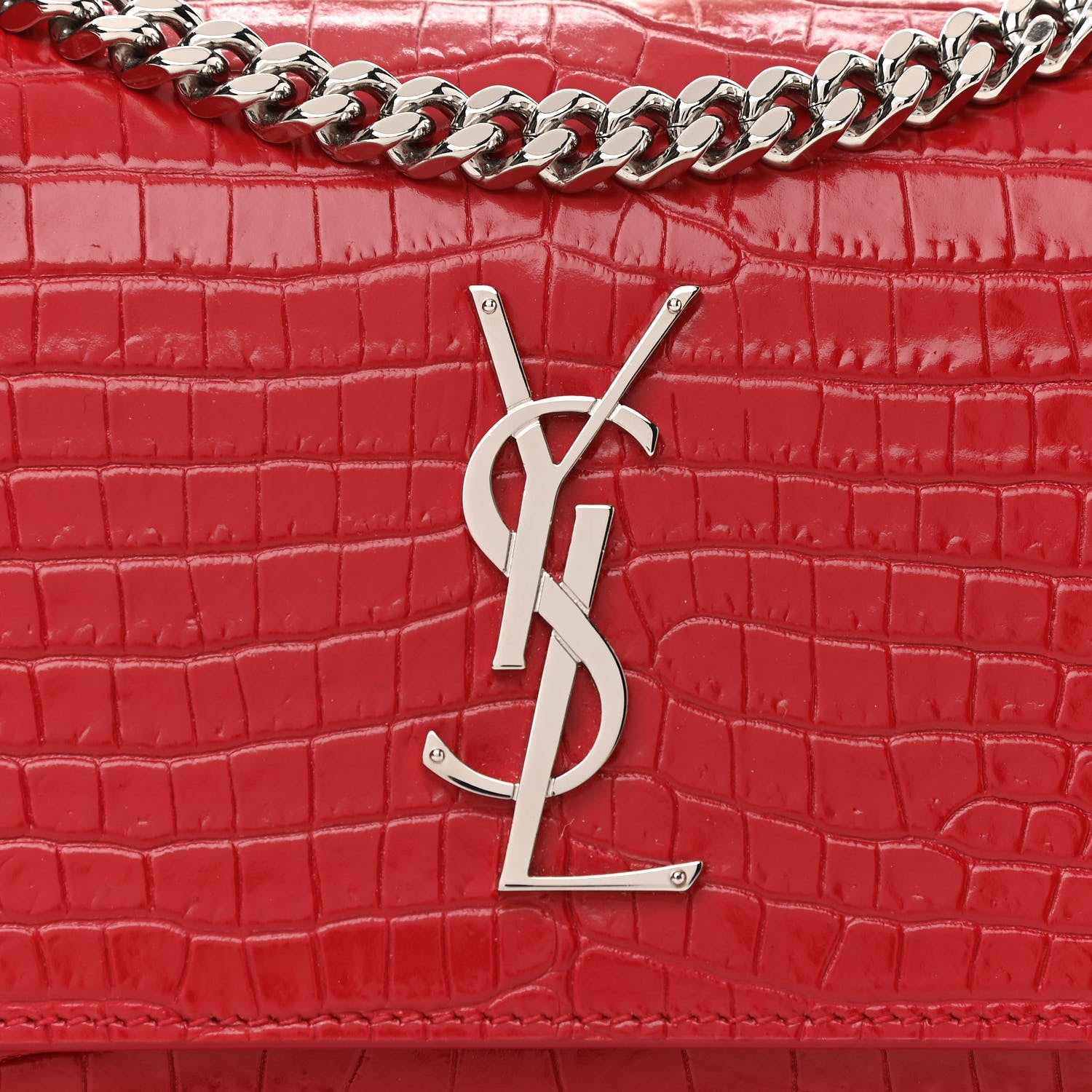 Saint Laurent Calfskin Crocodile Embossed Medium Monogram Sunset Rouge Eros 8 of 10
