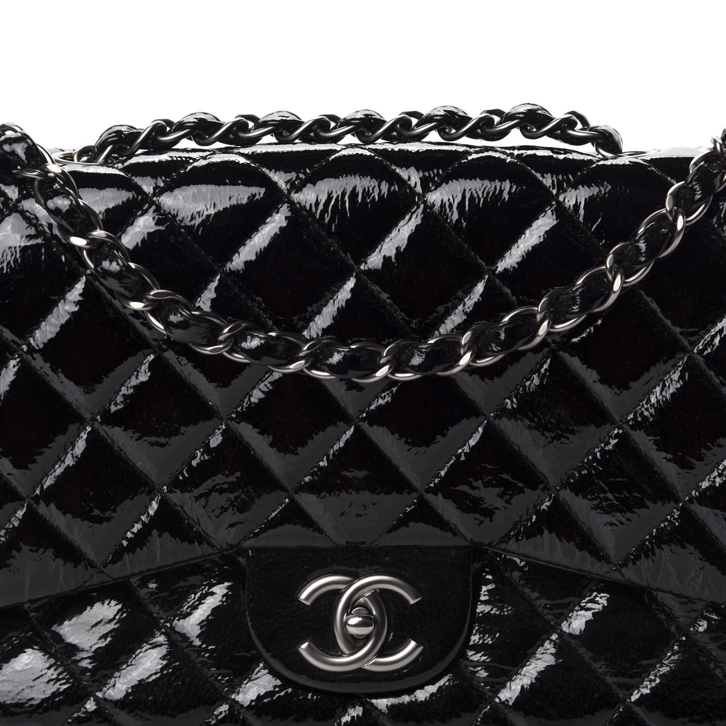 Distressed Patent Quilted Jumbo Single Flap Black