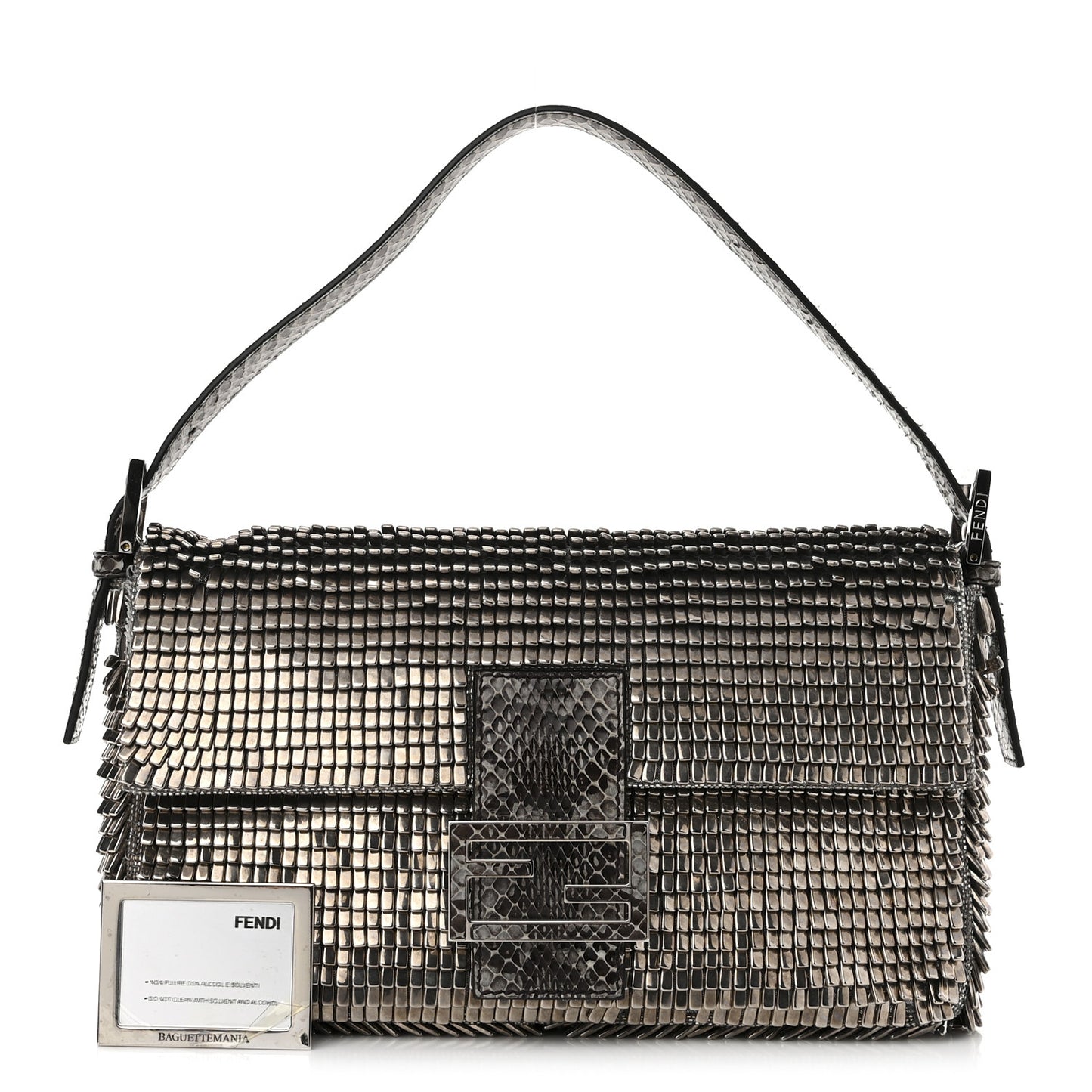 Fabric Beaded Embroidered Snakeskin Baguette Silver
