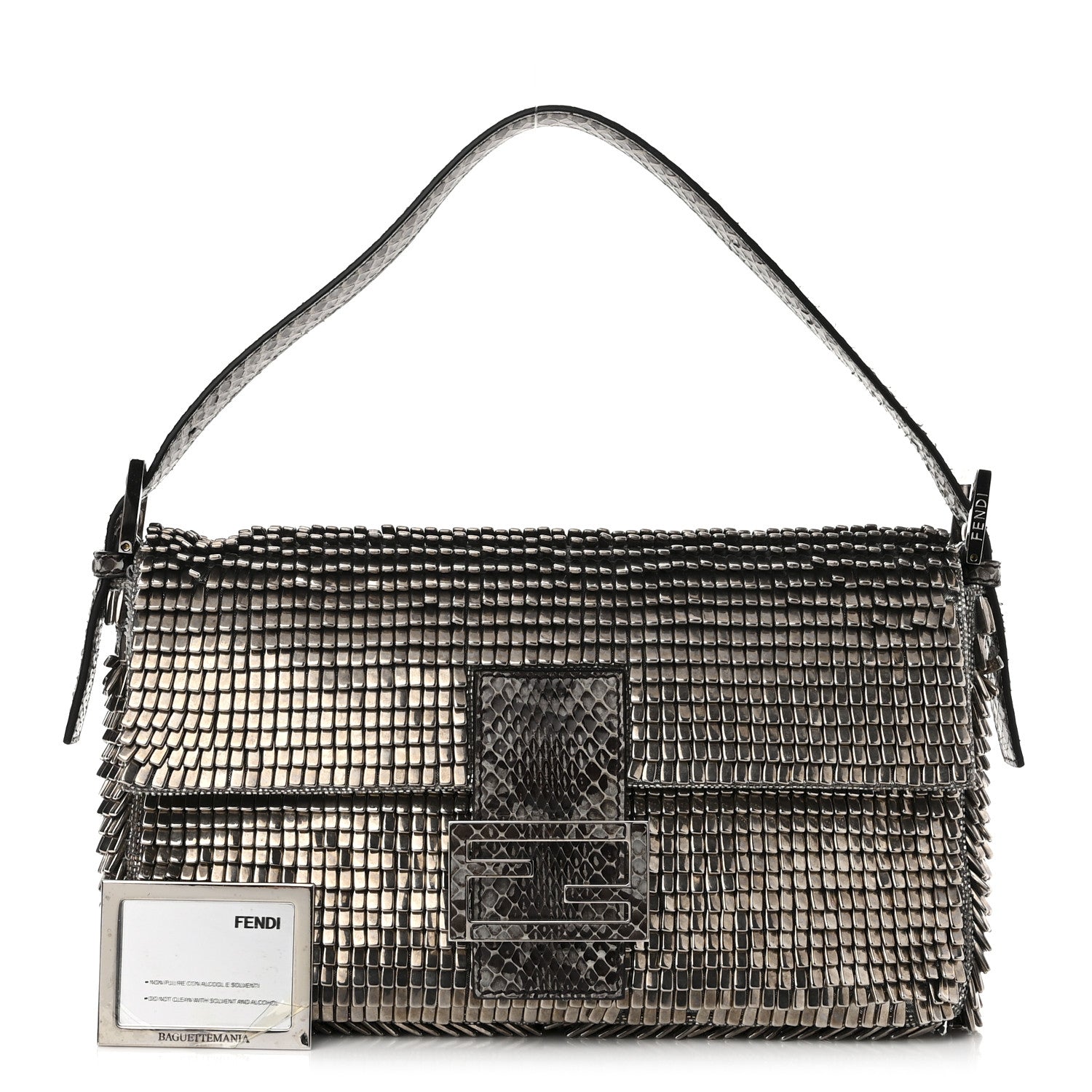 Fendi Fabric Beaded Embroidered Snakeskin Baguette Silver 3 of 11