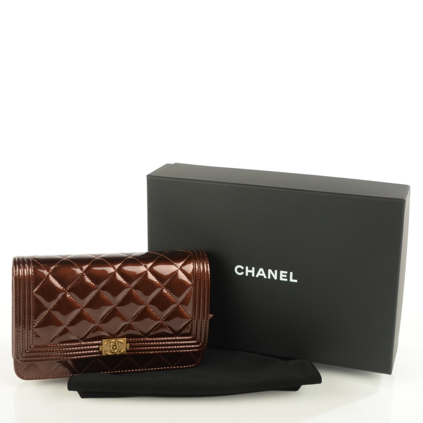 Patent Calfskin Quilted Boy Wallet On Chain WOC Brown